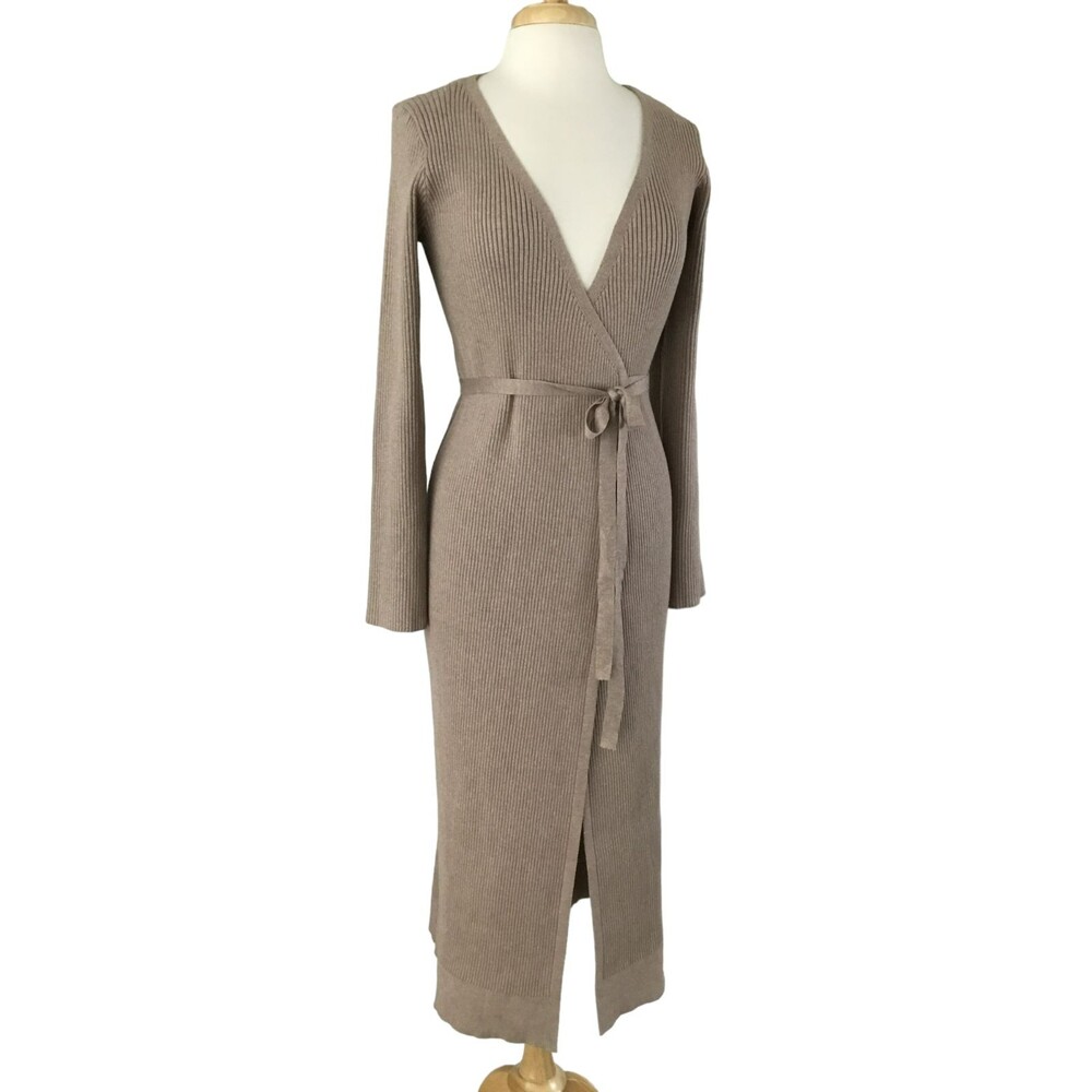 Lulus Iconic Comfort Sweater Dress Womens Medium Taupe Ribbed Surplice Wrap NEW - Picture 9 of 13